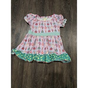 Matilda Jane Girls Lavender Village Print Ruffle Dress Size 4 Short Sleeve